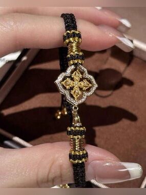 Vajra Cross Gold-Toned Alloy | CZ | Black Braided Pull Adjustable Cord Bracelet